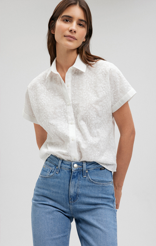 EMBROIDERED SHORT SLEEVE SHIRT IN ANTIQUE WHITE